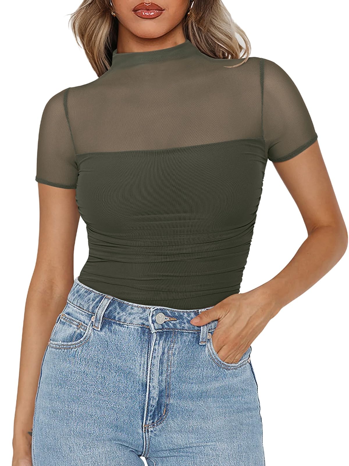 PINKMSTYLE Mock Neck Mesh Short Sleeve Bodysuit for Women Going Out Tops Date Night Outfit
