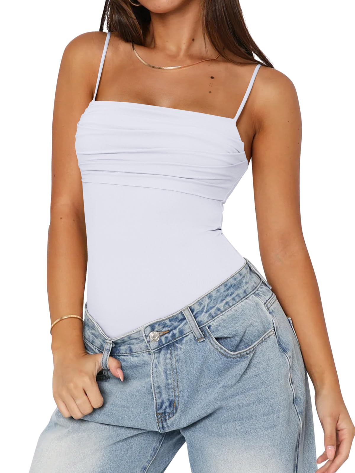 PINKMSTYLE Womens Cute Ruched Bodysuits Double Lined Tank Top Going Out Tops Date Night Outfit