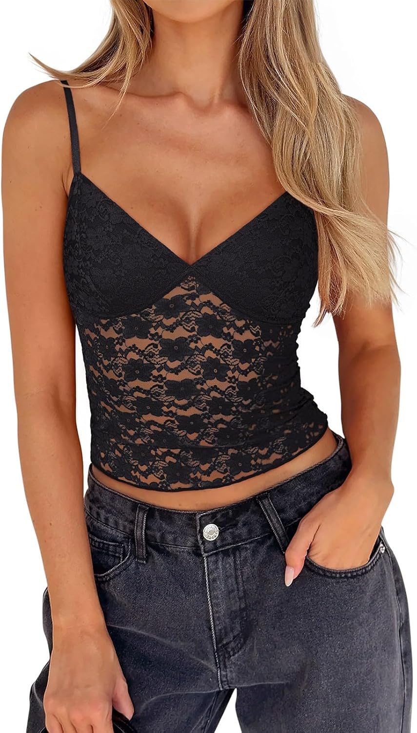 PINKMSTYLE Women Sexy Lace V Neck Cami Tank Top Adjustable Spaghetti Strap Going Out Crop Y2k Fashion Tops