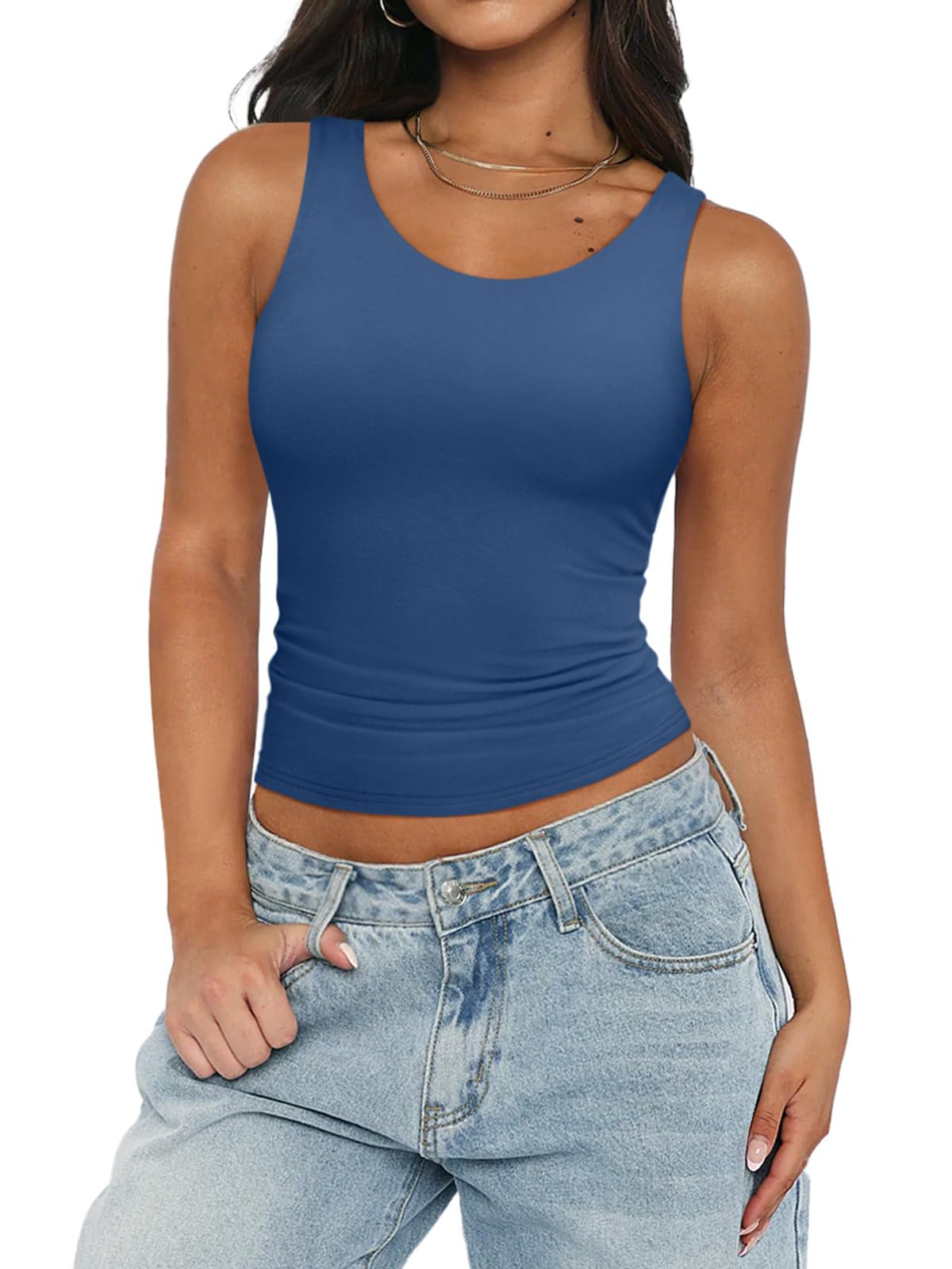 PINKMSTYLE Women's Crew Neck Sleeveless Tank Tops Slim Fit Double Lined Tops Basic Going Out Y2k Summer Tight T Shirts