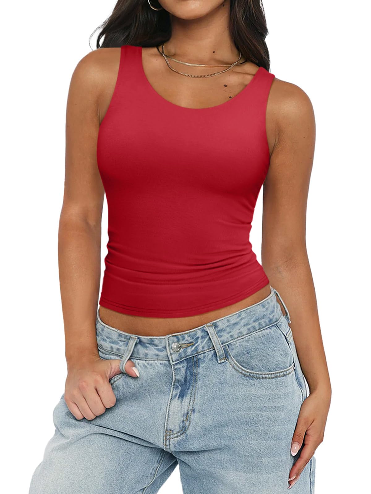 PINKMSTYLE Women's Crew Neck Sleeveless Tank Tops Slim Fit Double Lined Tops Basic Going Out Y2k Summer Tight T Shirts