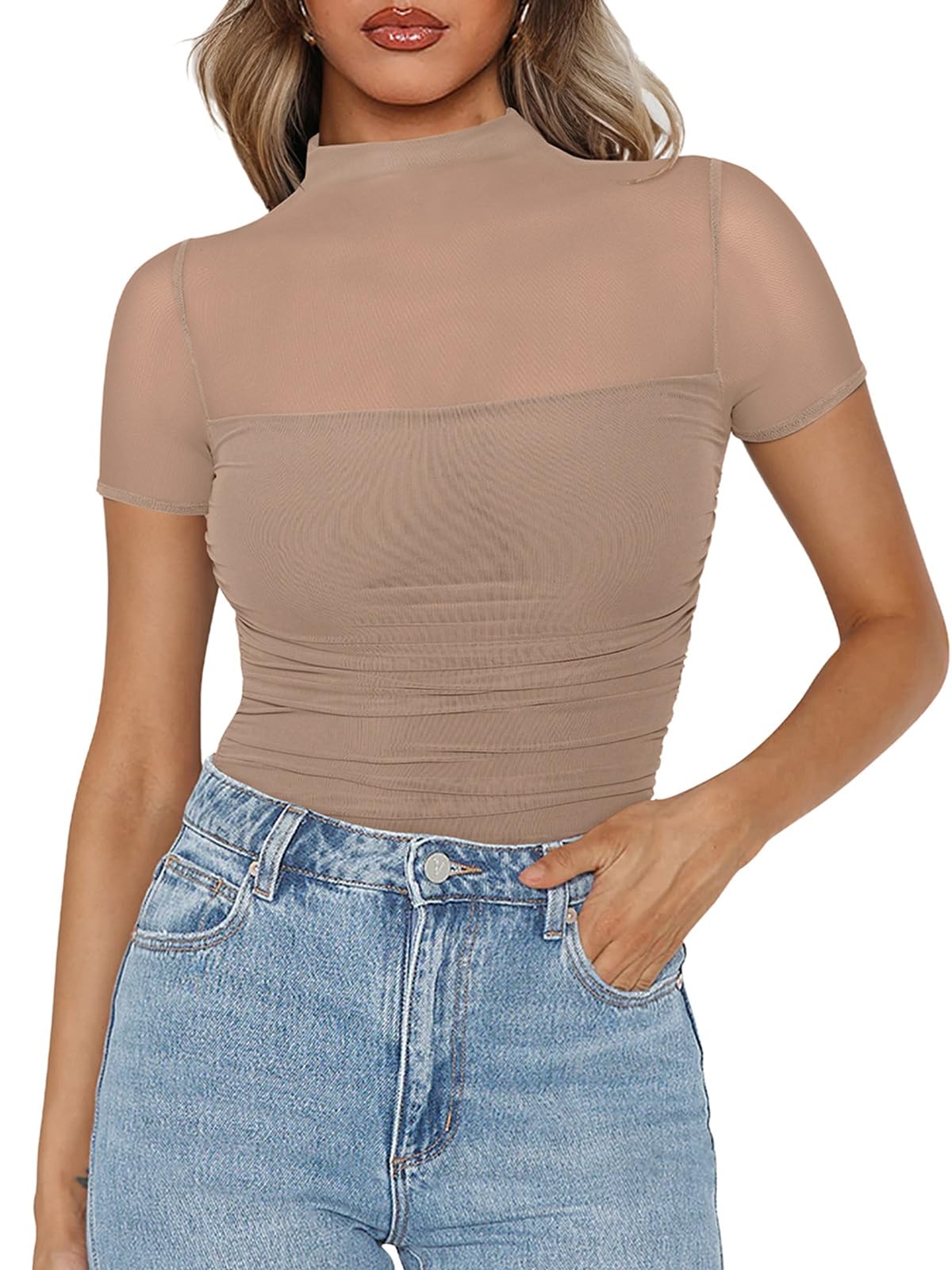 PINKMSTYLE Mock Neck Mesh Short Sleeve Bodysuit for Women Going Out Tops Date Night Outfit