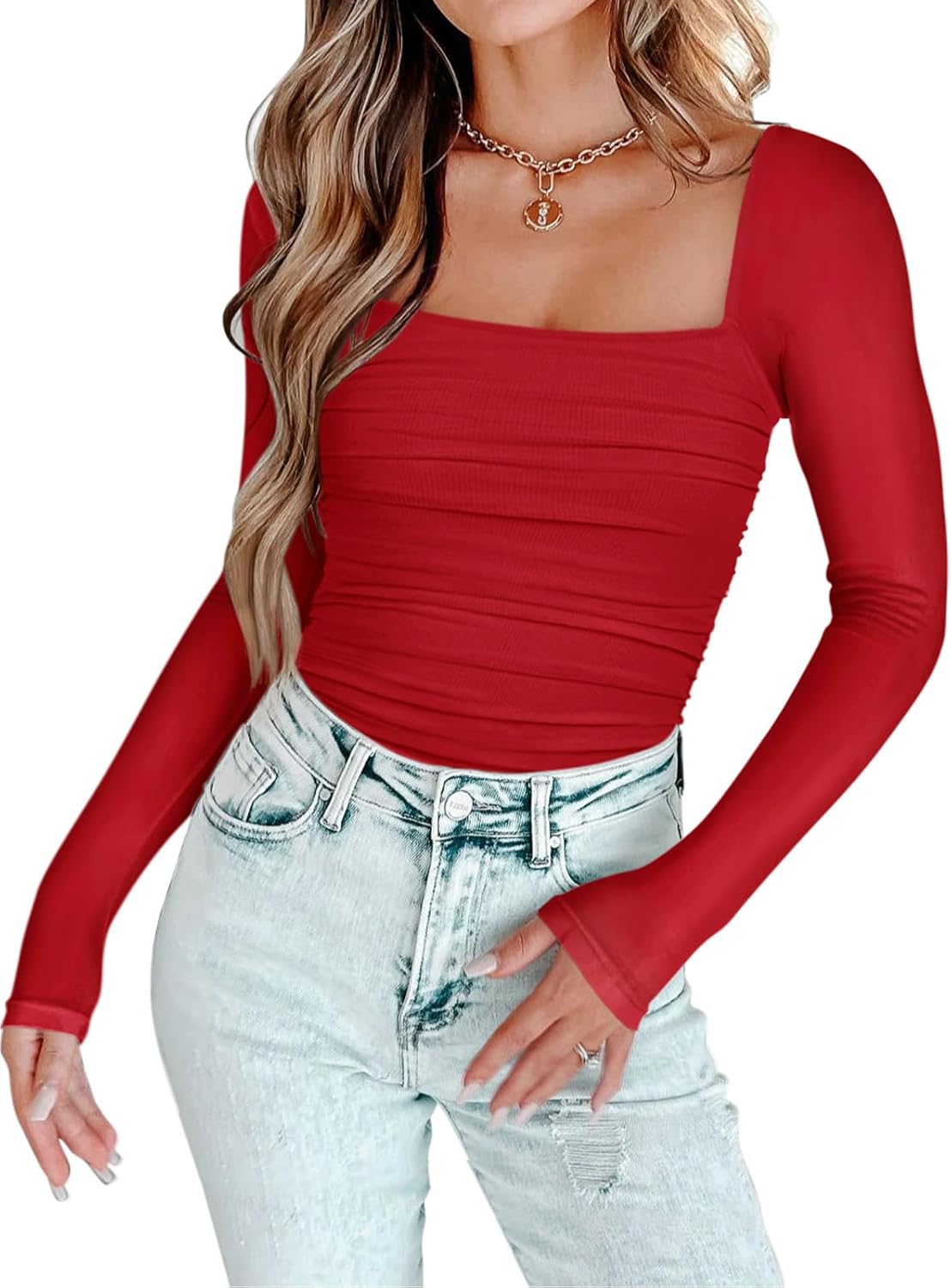 PINKMSTYLE Womens Square Neck Mesh Long Sleeve Bodysuit Shapewear Corset Tops Sexy Concert Outfits Party Shirts