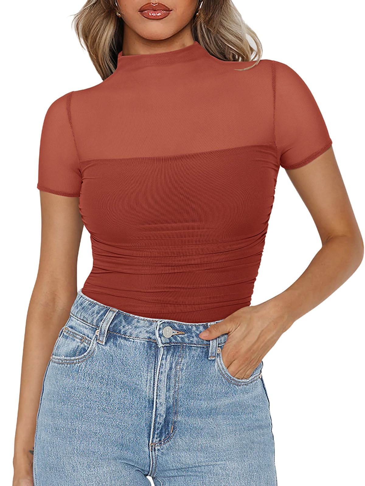 PINKMSTYLE Mock Neck Mesh Short Sleeve Bodysuit for Women Going Out Tops Date Night Outfit