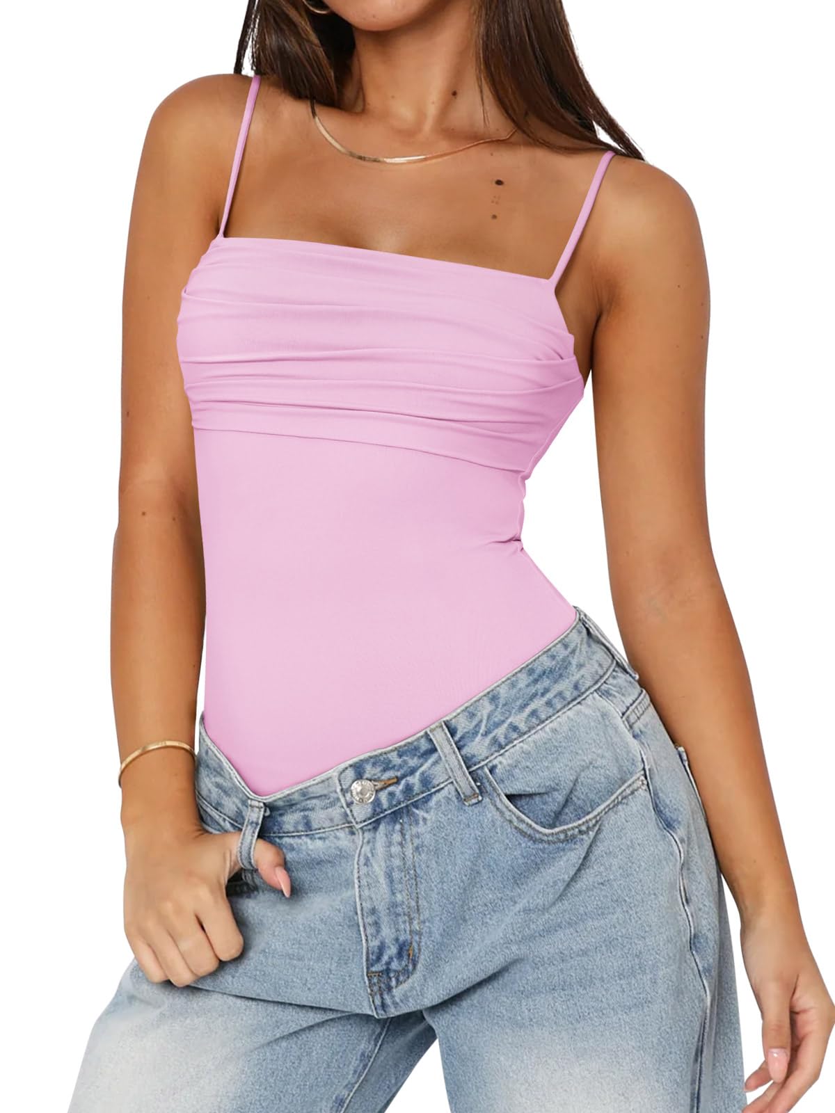PINKMSTYLE Womens Cute Ruched Bodysuits Double Lined Tank Top Going Out Tops Date Night Outfit