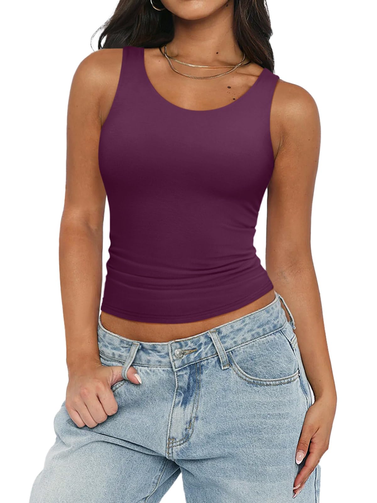 PINKMSTYLE Women's Crew Neck Sleeveless Tank Tops Slim Fit Double Lined Tops Basic Going Out Y2k Summer Tight T Shirts