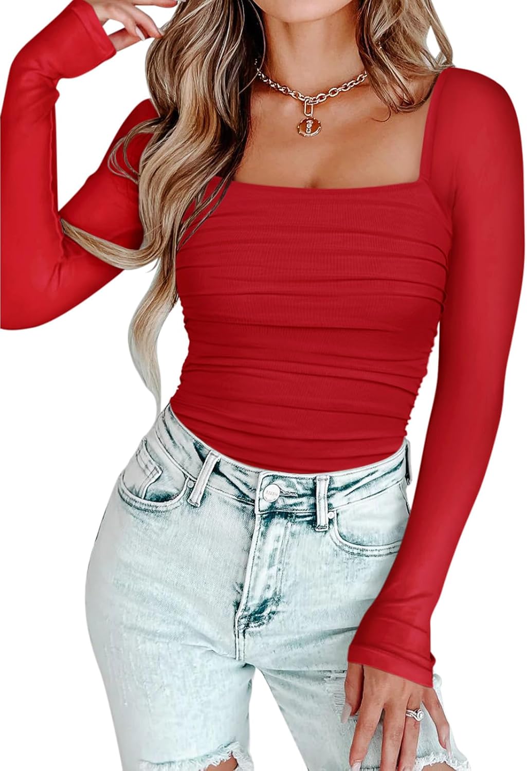 PINKMSTYLE Womens Square Neck Mesh Long Sleeve Bodysuit Shapewear Corset Tops Sexy Concert Outfits Party Shirts