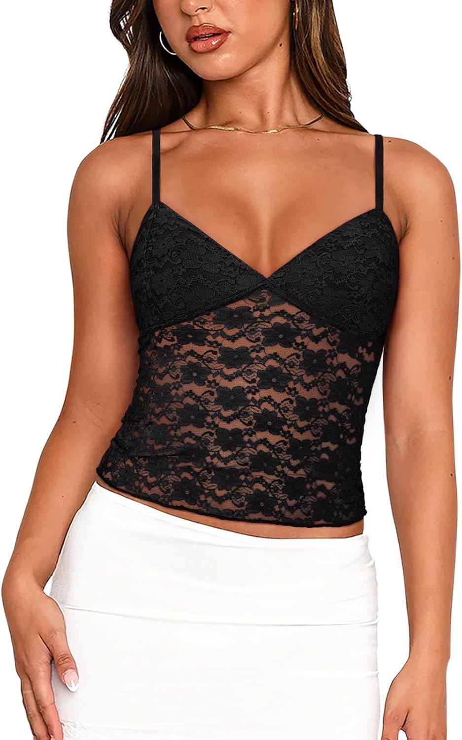 PINKMSTYLE Women Sexy Lace V Neck Cami Tank Top Adjustable Spaghetti Strap Going Out Crop Y2k Fashion Tops
