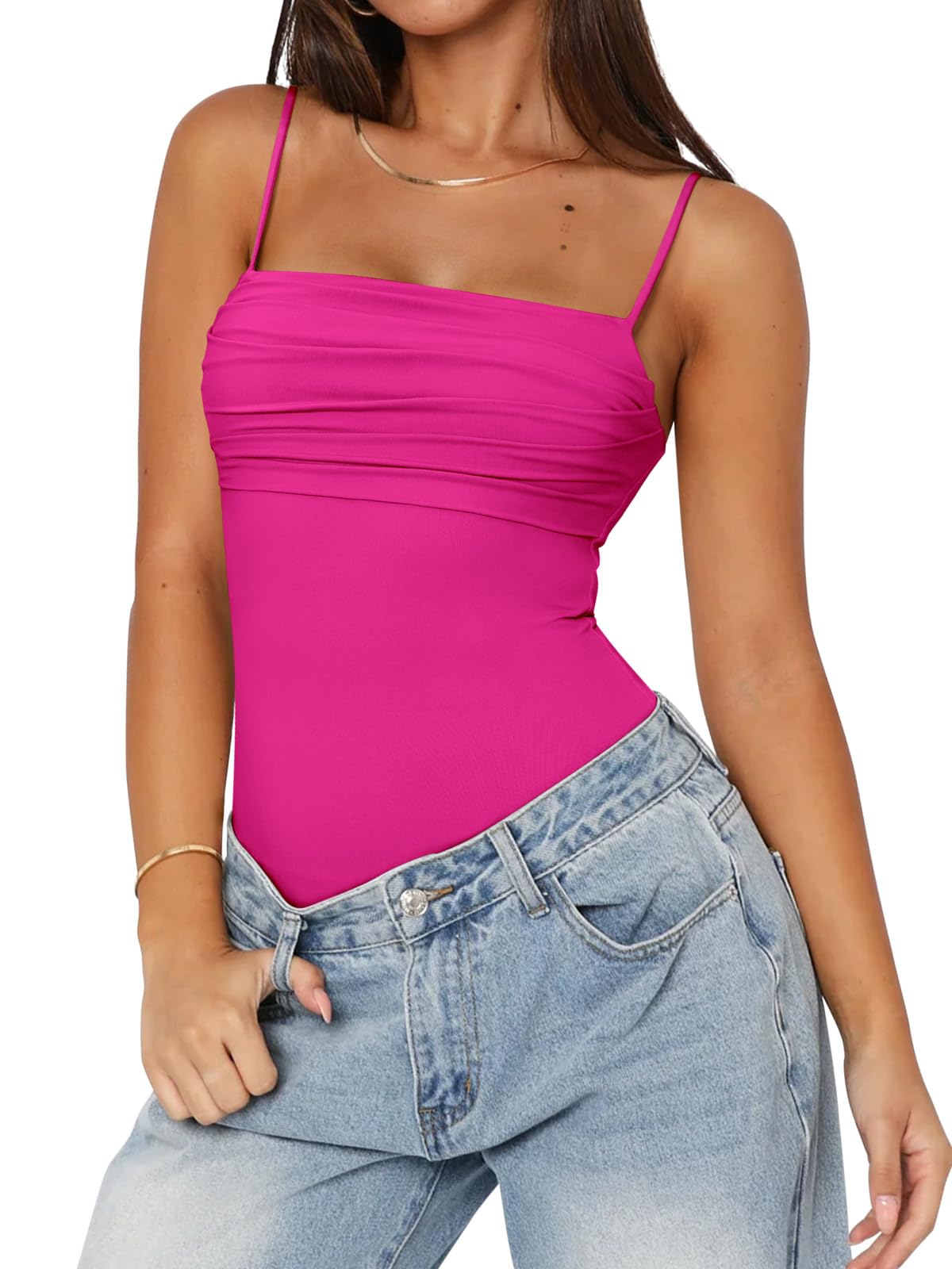 PINKMSTYLE Womens Cute Ruched Bodysuits Double Lined Tank Top Going Out Tops Date Night Outfit
