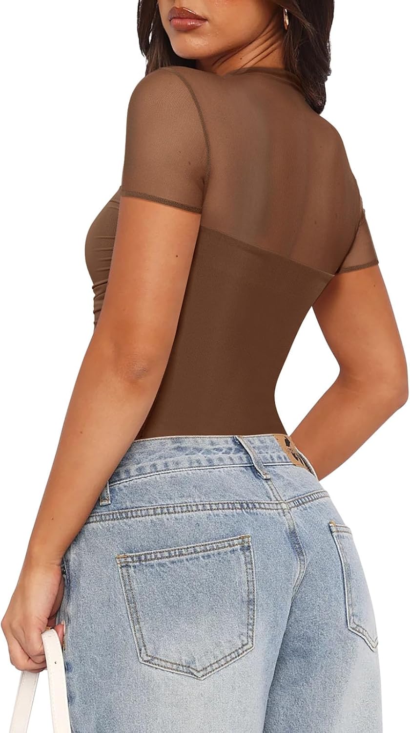 PINKMSTYLE Mock Neck Mesh Short Sleeve Bodysuit for Women Going Out Tops Date Night Outfit