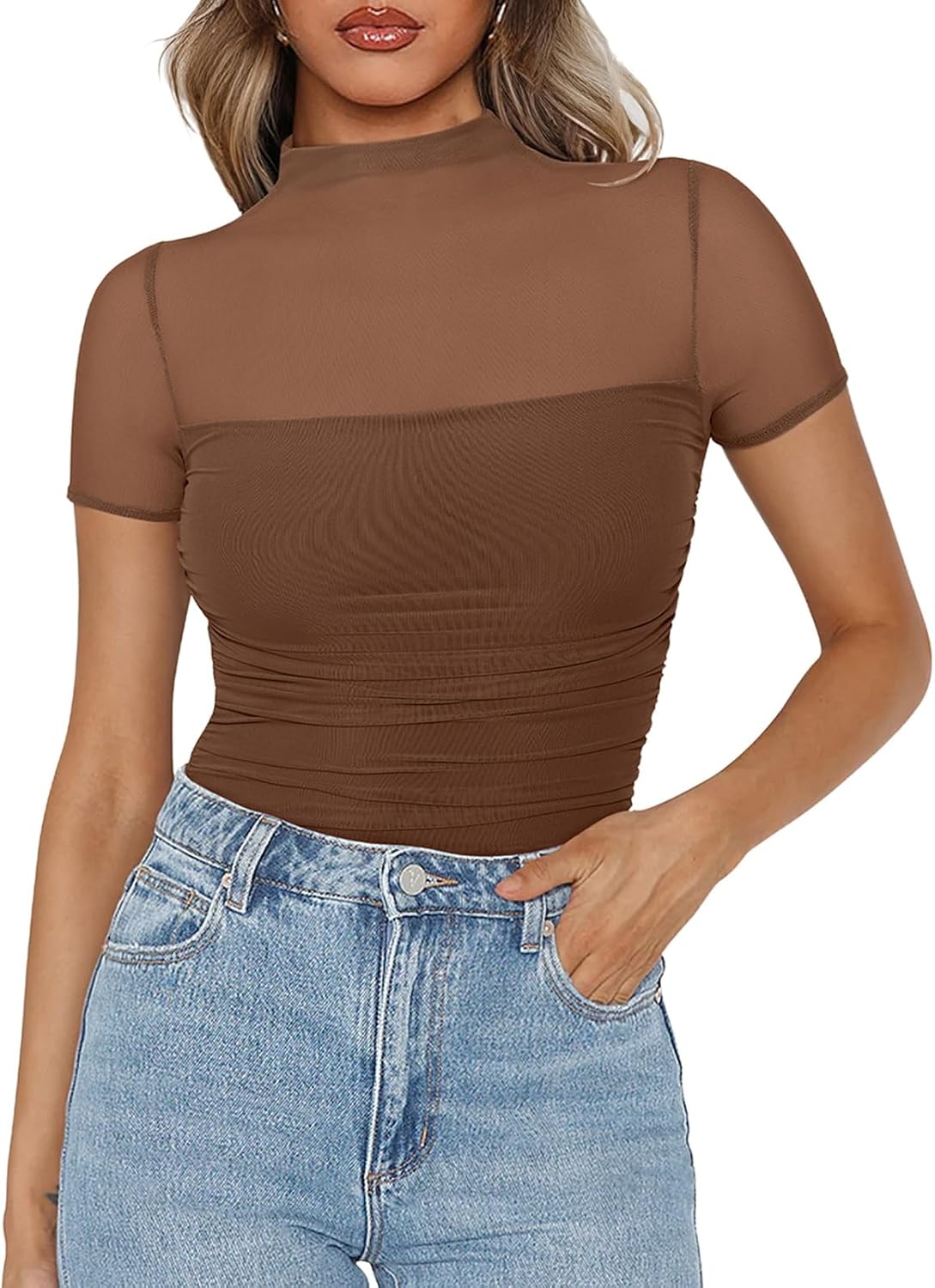 PINKMSTYLE Mock Neck Mesh Short Sleeve Bodysuit for Women Going Out Tops Date Night Outfit