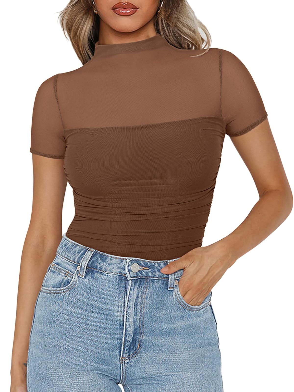 PINKMSTYLE Mock Neck Mesh Short Sleeve Bodysuit for Women Going Out Tops Date Night Outfit