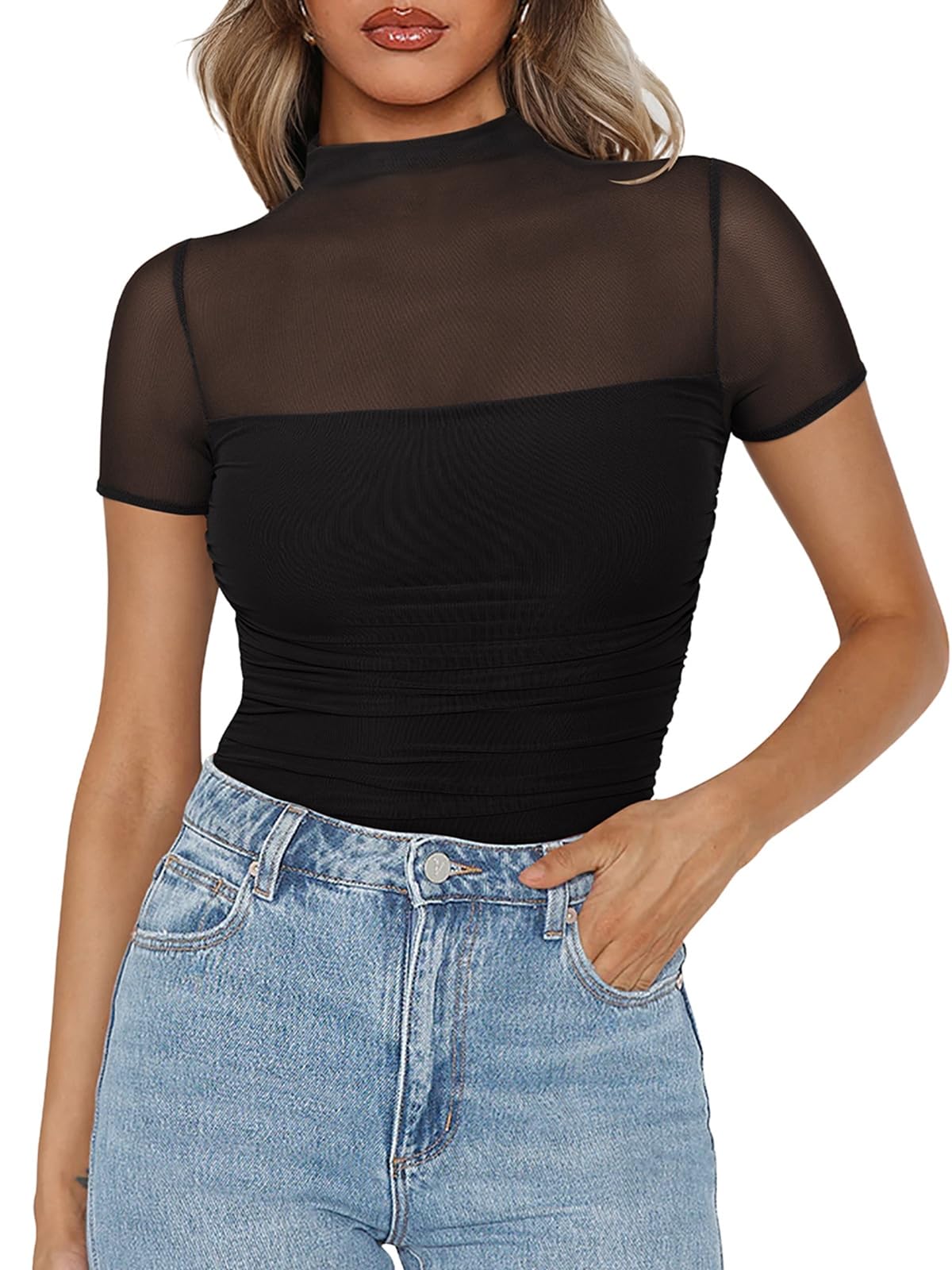 PINKMSTYLE Mock Neck Mesh Short Sleeve Bodysuit for Women Going Out Tops Date Night Outfit