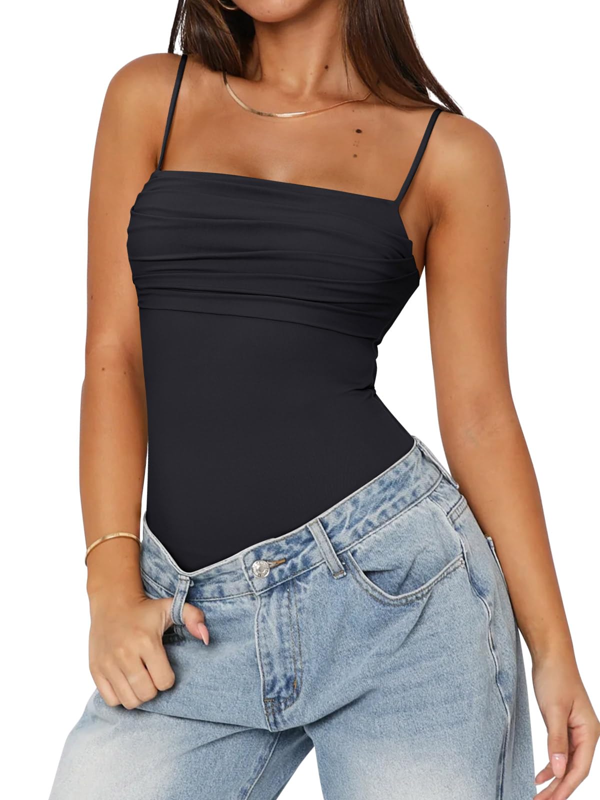 PINKMSTYLE Womens Cute Ruched Bodysuits Double Lined Tank Top Going Out Tops Date Night Outfit